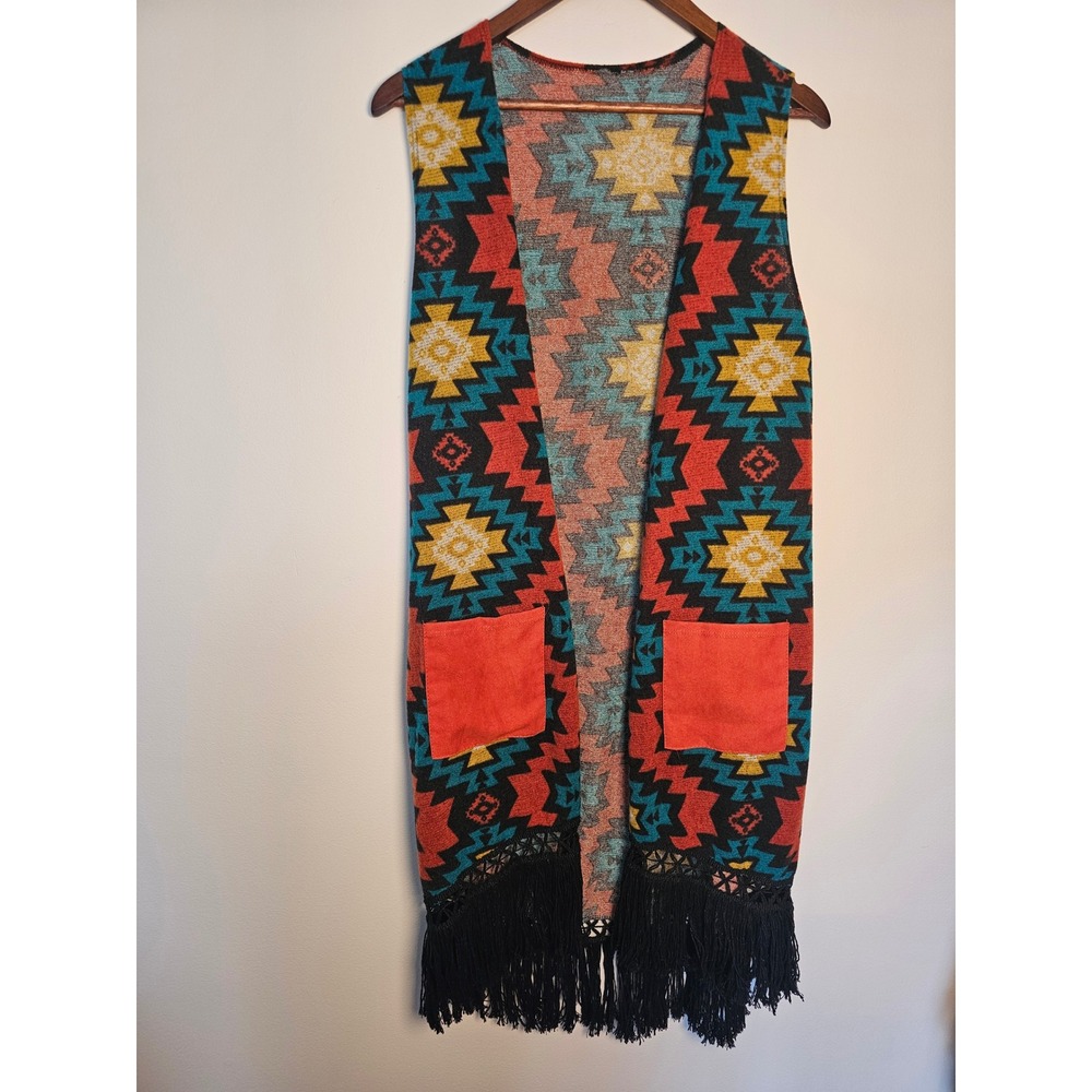 Southwestern Boho S.V Longline Fringe Vest Women Medium Multi Color Aztec Knit
